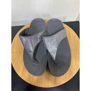 FitFlop 9 Thong Lulu Glitz Toe-Post‎ Sandals Grey Silver Slide On Flip Flops